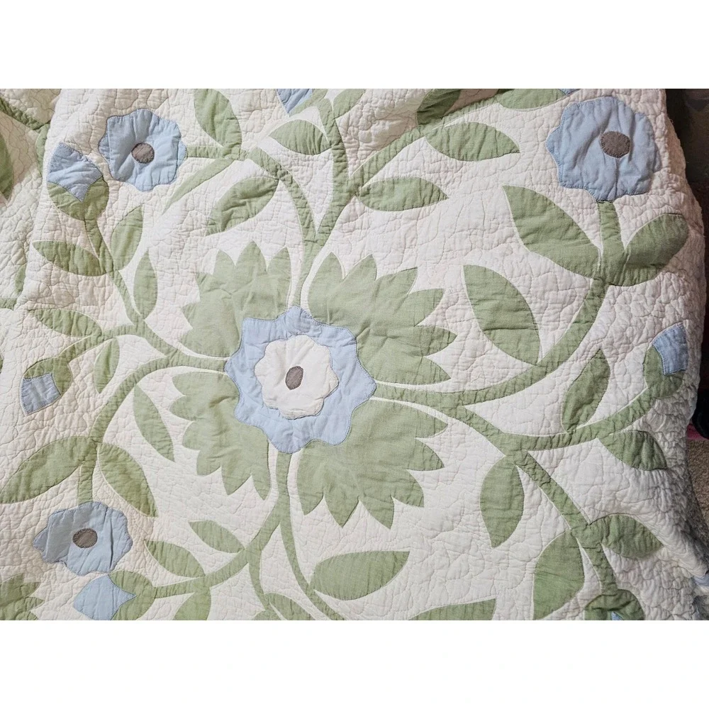 Martha Stewart Collection King Quilt Floral Applique Blue Green Cotton Farmhouse